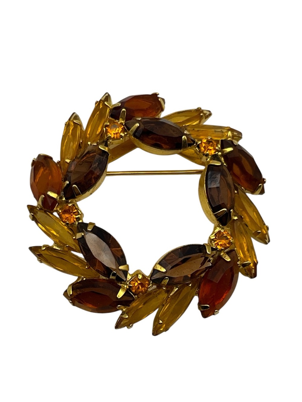 Brown & gold marquis rhinestone round wreath brooch pin vintage